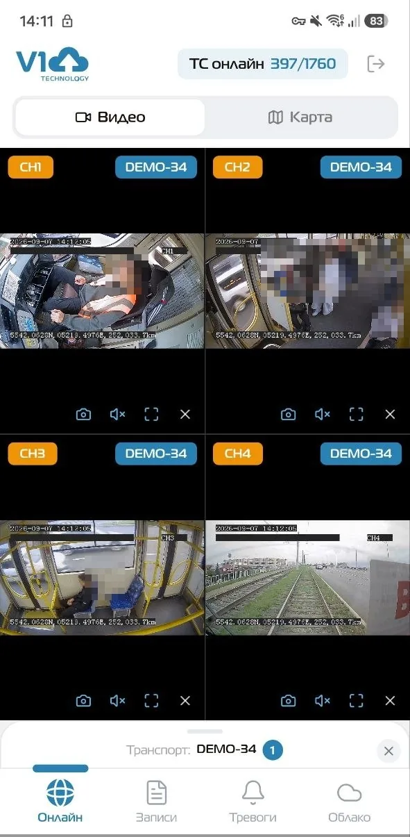 V1T mobile app: live video from four vehicle cameras